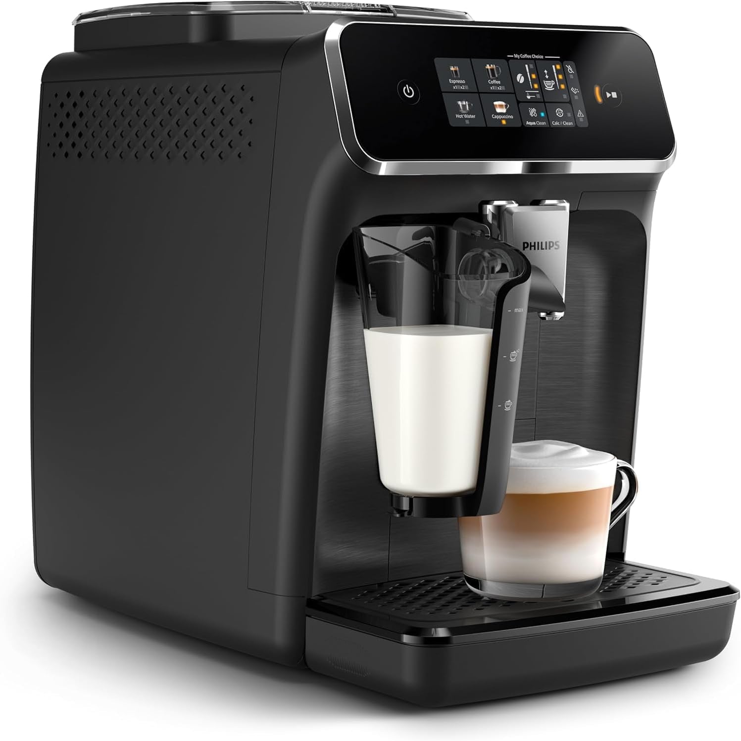 Espressor automat PHILIPS seria 2300 - 4 băuturi, ecran tactil color modern, sistem de preparare a laptelui LatteGo, SilentBrew, râșniță 100% ceramică, filtru AquaClean. Negru mat (EP2330/10)