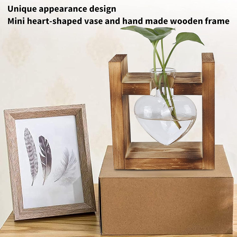 Wooden Stand Plant Terrarium, Heart Shape Tabletop Vase, Clear Glass Hydroponic Plants for Home Garden Decoration, Hydroponic Flower Decoration for Office, Living Room, Kitchen (A)