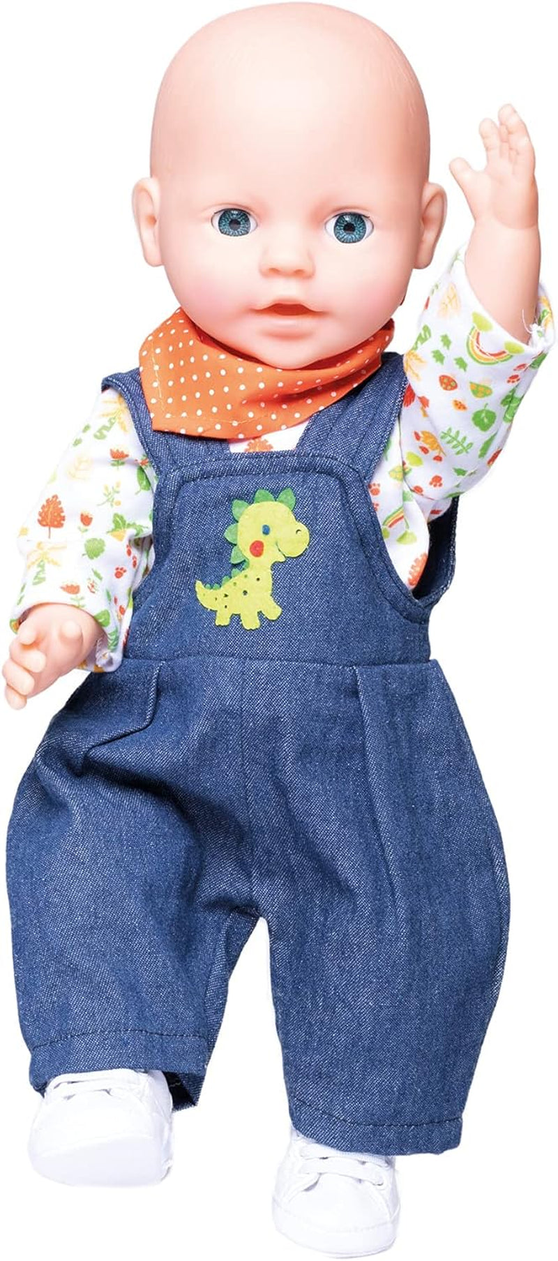 Heless 1115 - Bekleidungs-Set für Puppen im Dino-Design, 3 teilig mit Latzhose, T-Shirt und Halstuch, Größe 28 - 35 cm