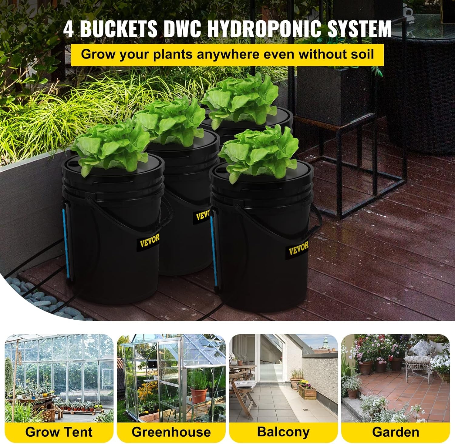 VEVOR DWC Hydroponic Grow System, Hydroponic Grow Systems, Deep Water Cultivation 4 20 Liter Buckets, DWC System with Air Pump, Air Stones and Water Level Indicator for Leafy Vegetables