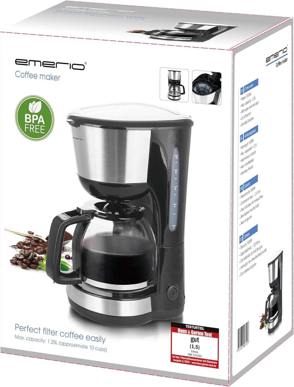 Emerio CME-122933, Cafetieră cu filtru, 1,25 l pentru până la 10 cești de cafea proaspătă, filtru permanent detașabil, funcție anti-picurare, carafă din sticlă, oprire automată, 1000 wați, negru/argintiu