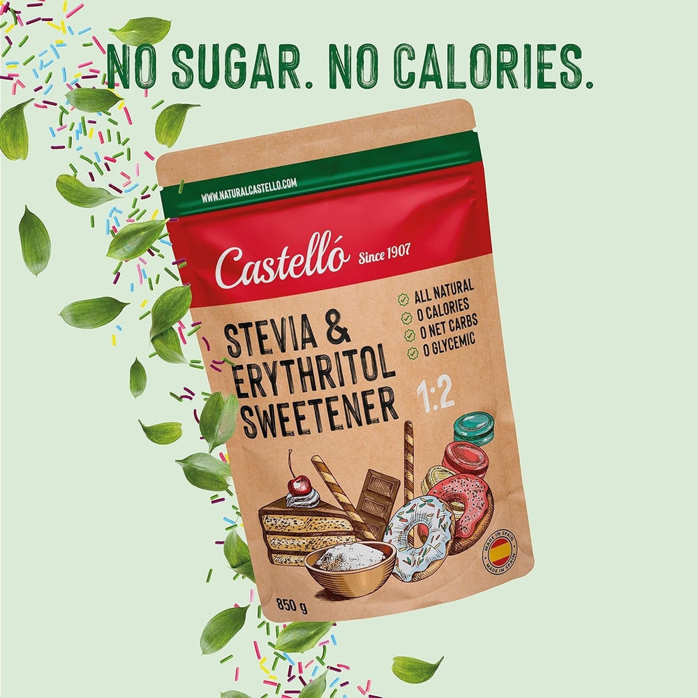 Stevia + Erythritol 1:2 Süßstoff | 1G = 2G Zucker | 100% Natürlicher Zuckerersatz - 0 Kalorien - 0 Glykämischer Index - Keto Und Paleo - 0 Netto-Kohlenhydrate - Kein GVO - Castello since 1907 - 850 G Sweeteners Naty Shop