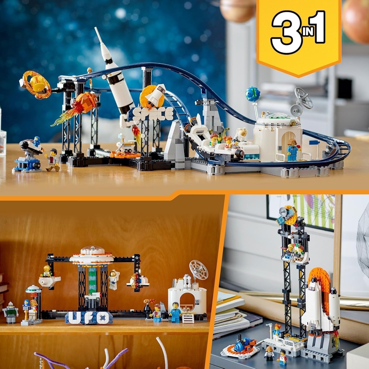 LEGO 31142 Creator 3-In-1 Space Rollercoaster Toy Kit for Kids with Working Carts, Converts to a Freefall Tower or Carousel with Rockets and Glowing Bricks Building Sets Besuche den LEGO-Store