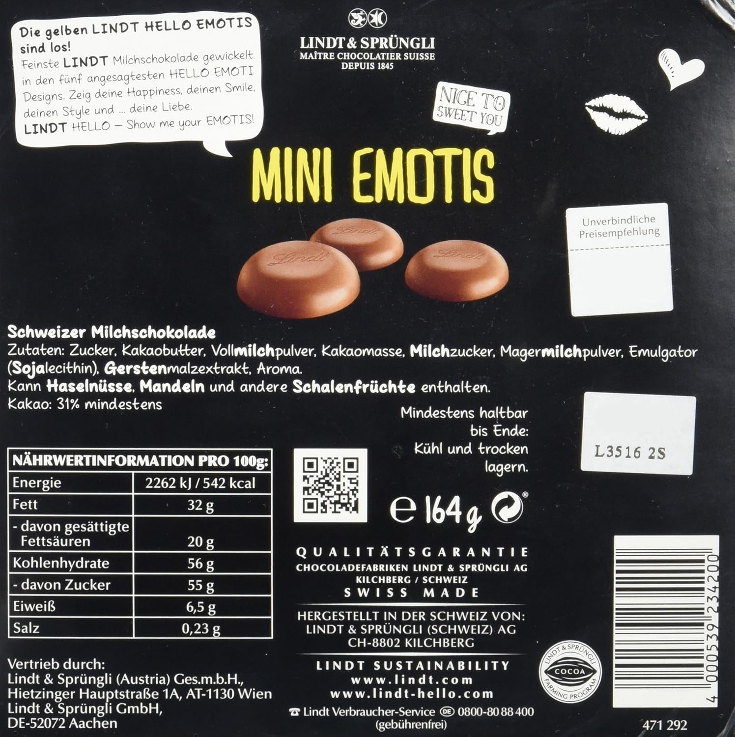 Chocolate assortment (37 LINDOR balls, 24 Hello Mini sticks, 10 Mini Fioretto), chocolate gift (1 x 815 g) and HELLO Mini Emoti, milk chocolate in 5 emoticon designs, 164 g
