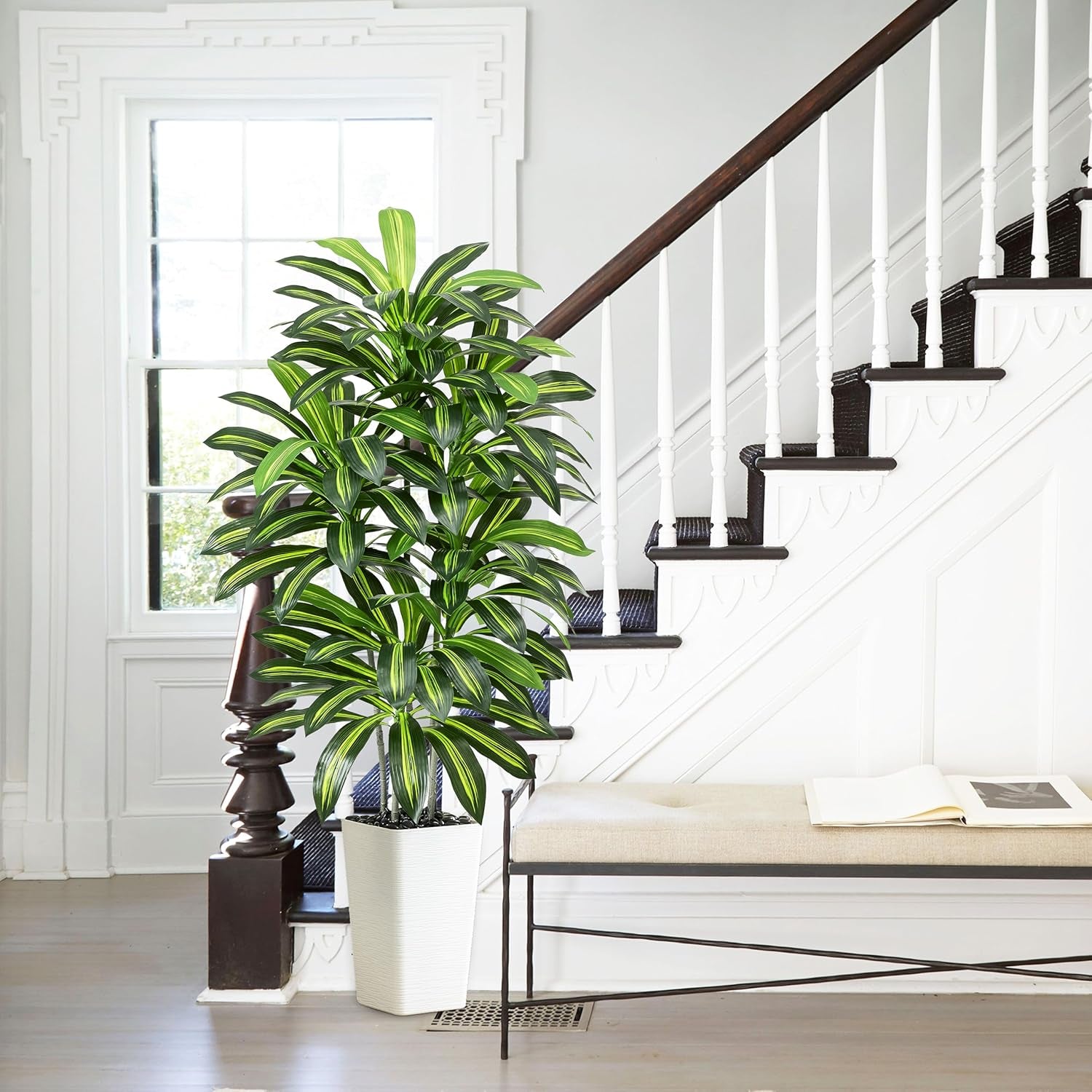 Künstlicher Dracaenabaum,Kunstpflanzen Groß,Faux Tree Mit Weißem Hohen Pflanzer Realistische Kunstpflanze Dracaena,Kunstpflanzen Für Wohnzimmer, Büro & Garten(1, Weißer Hoher Pflanzer, 150Cm)