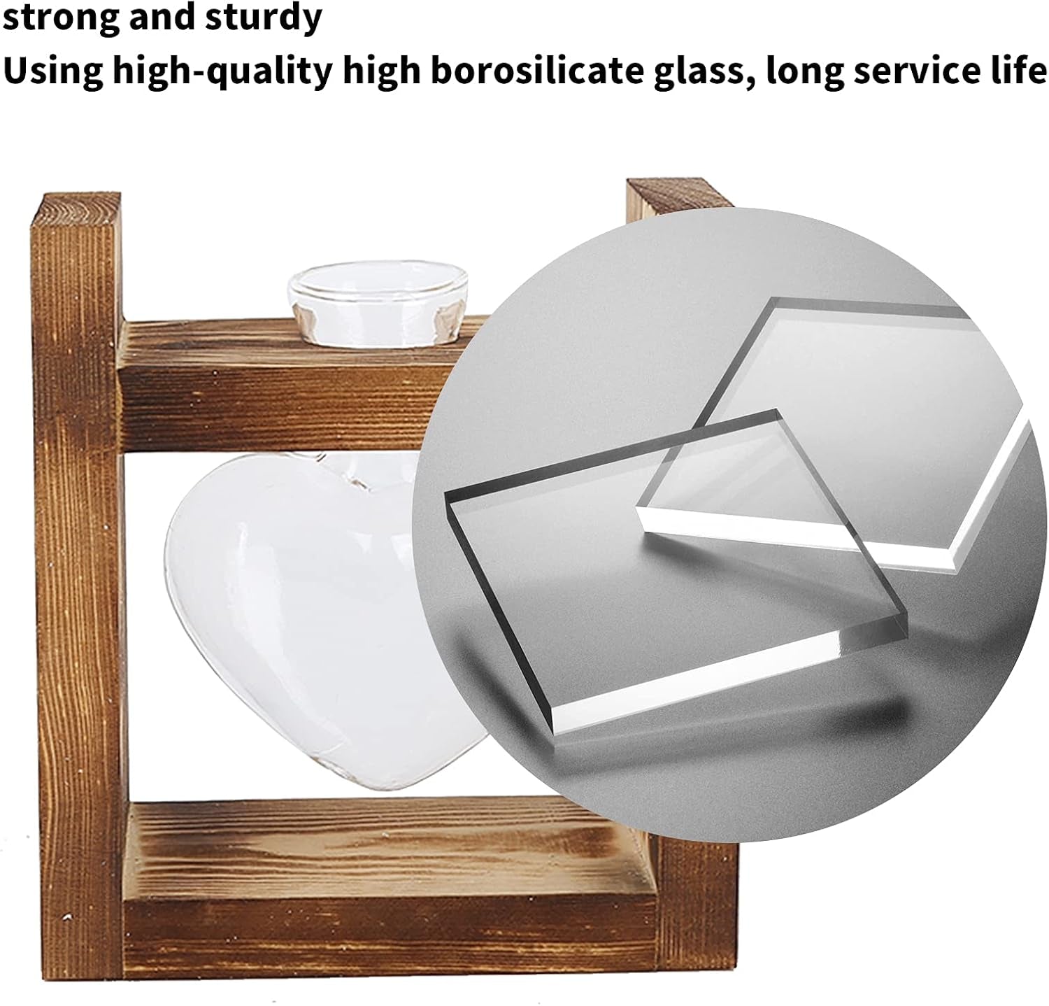 Wooden Stand Plant Terrarium, Heart Shape Tabletop Vase, Clear Glass Hydroponic Plants for Home Garden Decoration, Hydroponic Flower Decoration for Office, Living Room, Kitchen (A)