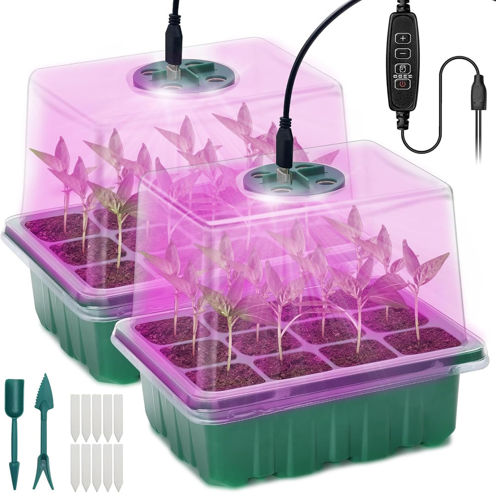 Indoor Greenhouse Propagation Tray 2 Piece Mini Greenhouse Propagation Set with Raised Lid Seedling Starter with Full Spectrum Plant Lights Trays Greenhouse Plant Propagation Tray