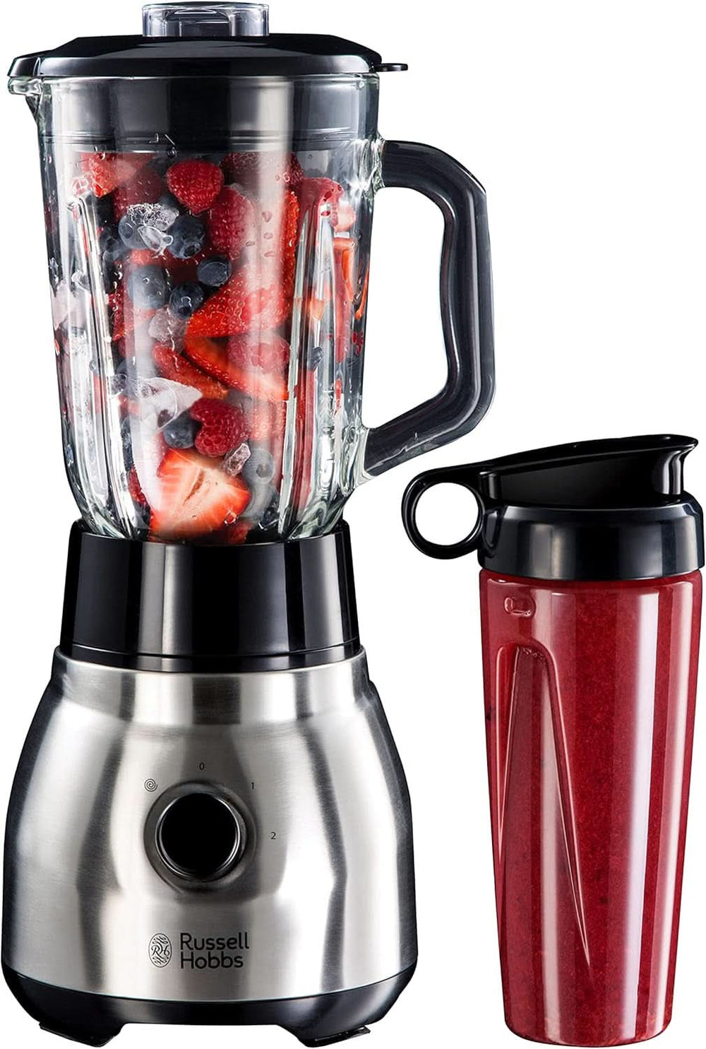Russell Hobbs Standmixer 2-In-1 [1.5L Glasbehälter Mixer & 0.6L Mini Smoothie Maker -To-Go-Trinkflasche Inkl. Deckel] Spülmaschinenfest, Impuls-/Ice-Crush Funktion, Becher BPA Frei, Edelstahl 23821-56 Kitchen Naty Shop