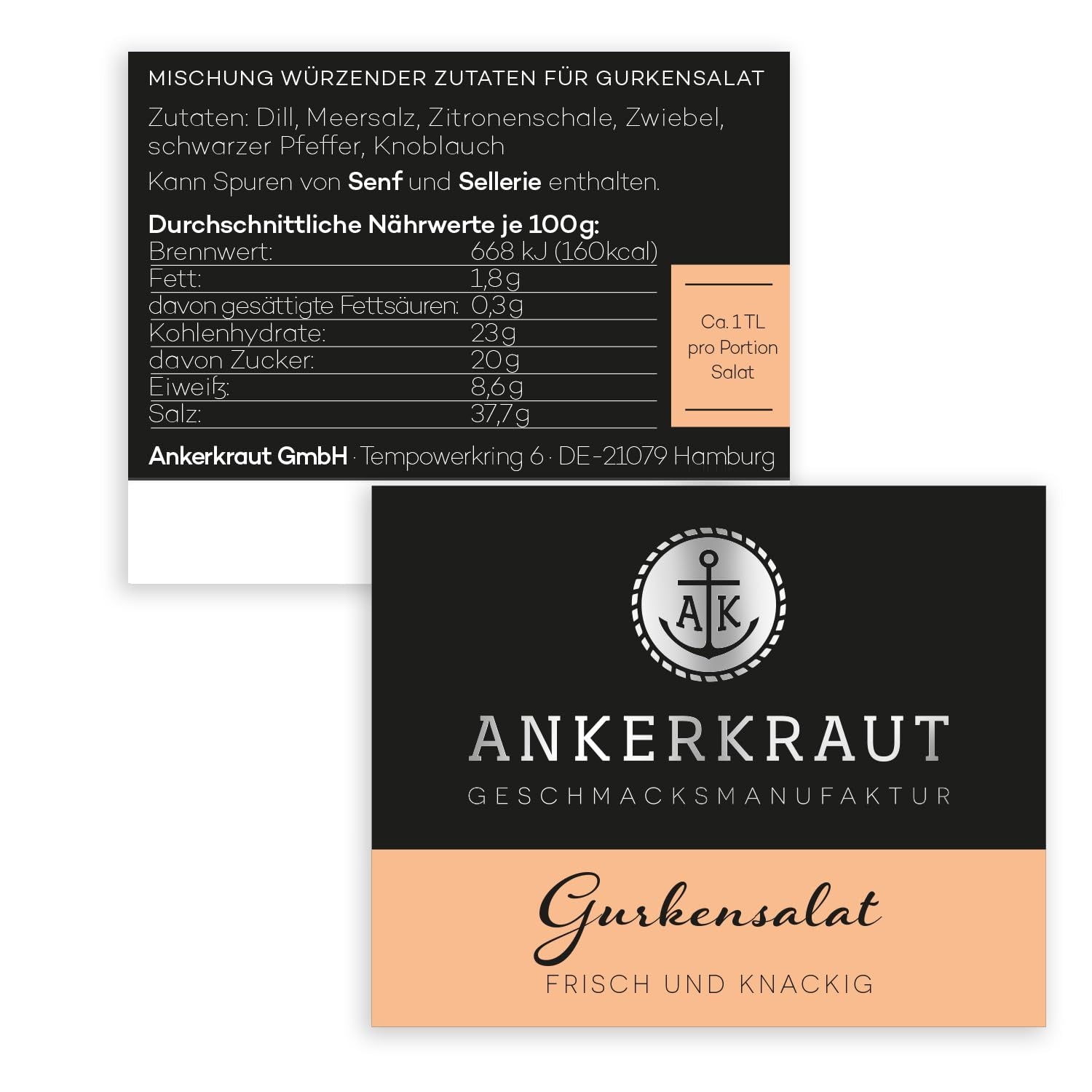 Ankerkraut Gurkensalat, 60 g in a cork glass, Würze Gherken-Salat Ganz Einfach, Zuckerfrei und Ohne Gesmackverstärker, Mischung würzender Ingredient für Salat