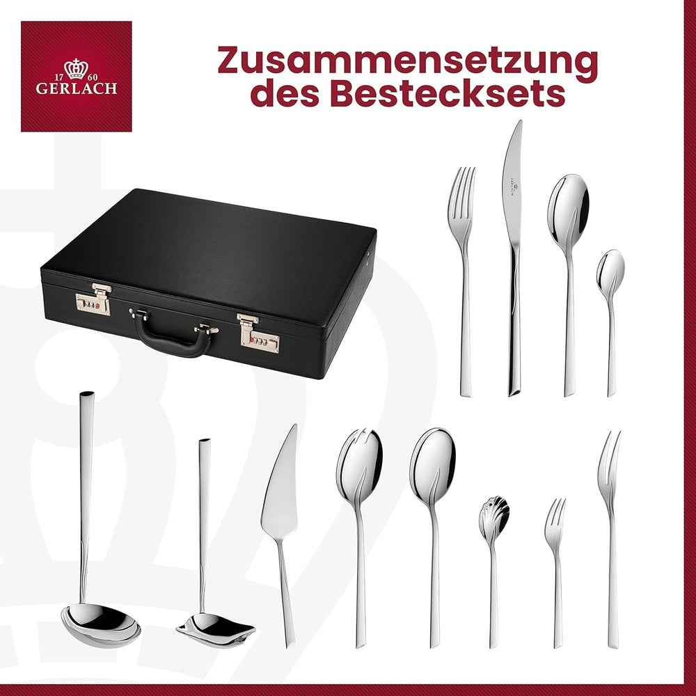 Gerlach Flames Besteck-Set 12 Personen Spülmaschinenfest Essbesteck Edelstahl Elegantes Tafelbesteck Messer Gabel Löffel Teelöffel Kuchengabel Soßenlöffel Kuchenspachtel Glänzend Rostfrei 68 Stk Bucatarie Naty Shop