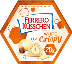 Ferrero Küsschen White Crispy - Valentine's Day gift for him and her - Crispy roasted hazelnuts in light cream with crispy chips, covered in white chocolate, 1 pack of 20 individual pralines