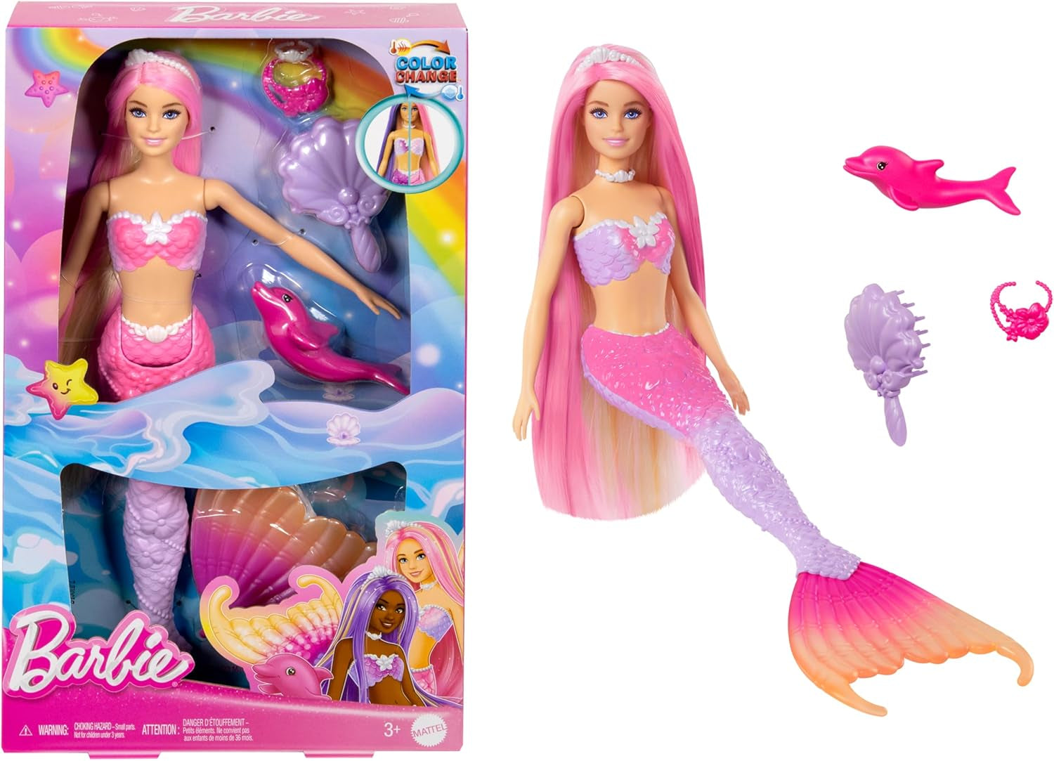 BARBIE Meerjungfrau-Puppe - Inspiriert von der Fernsehserie "Barbie Ein verborgener Zauber", mit Farbwechseleffekt und Zubehör, 19 cm lange pinke Haare zum Stylen, für Kinder ab 3 Jahren, HRP97