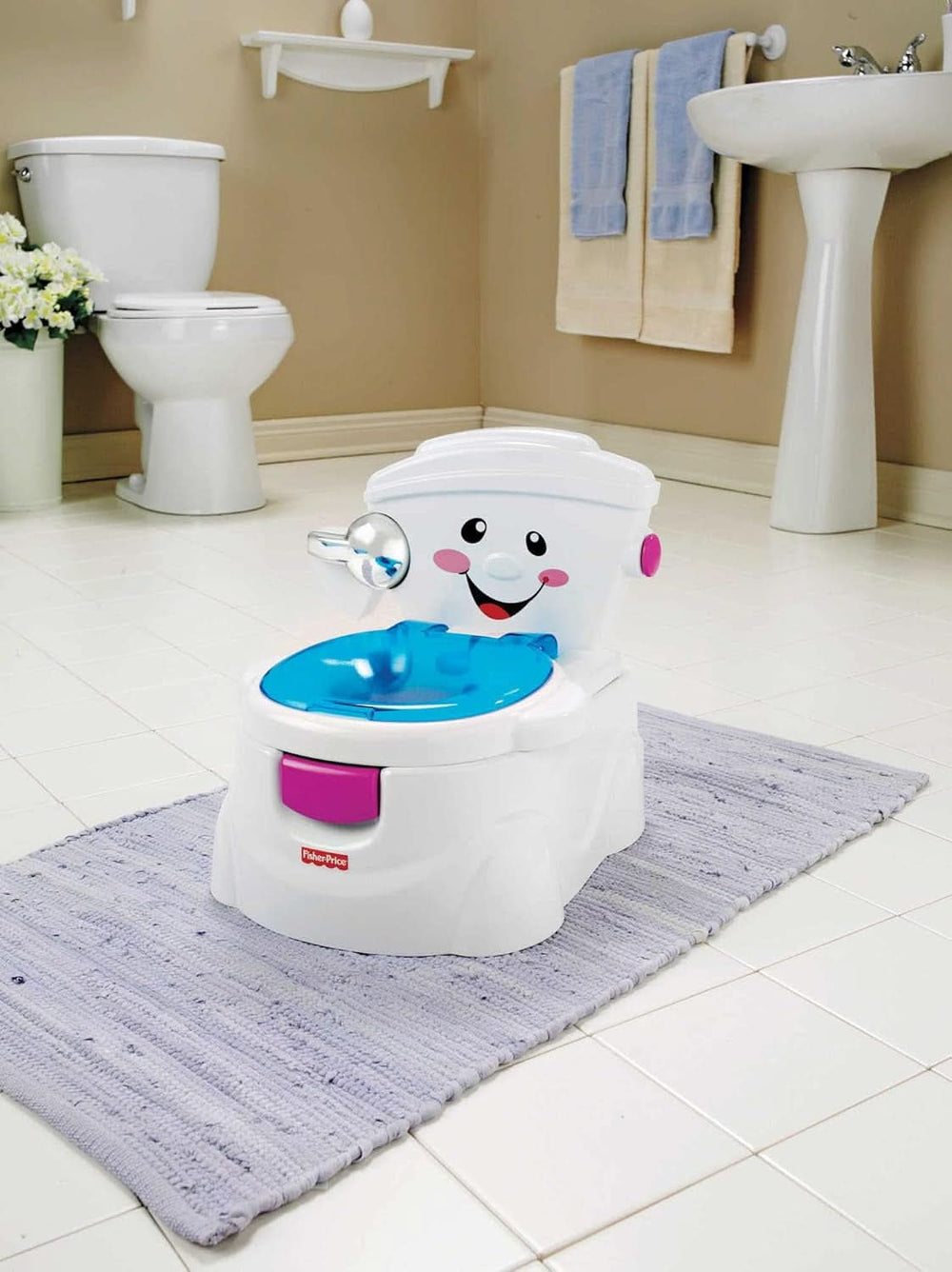 Fisher-Price Meine Erste Toilette, Baby Töpfchen, Mit Musik & Lustigen Sätzen, Tragbare Baby Toilette, Abnehmbarer Toilettenaufsatz, Deutsche Version, Ab 1 Jahr, P4326 Accesorii Hrana si Alaptare Bebe Naty Shop