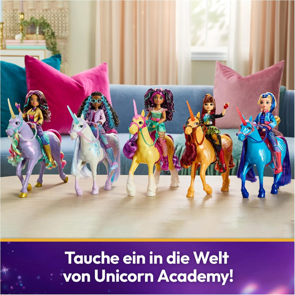 Unicornul Cinder de la Unicorn Academy - 28 cm înălțime, unicorn original de Valentina din serialul Netflix, cu coamă și coadă reale, frâu și șa detașabile și perie, pentru copii cu vârsta de 4 ani și peste
