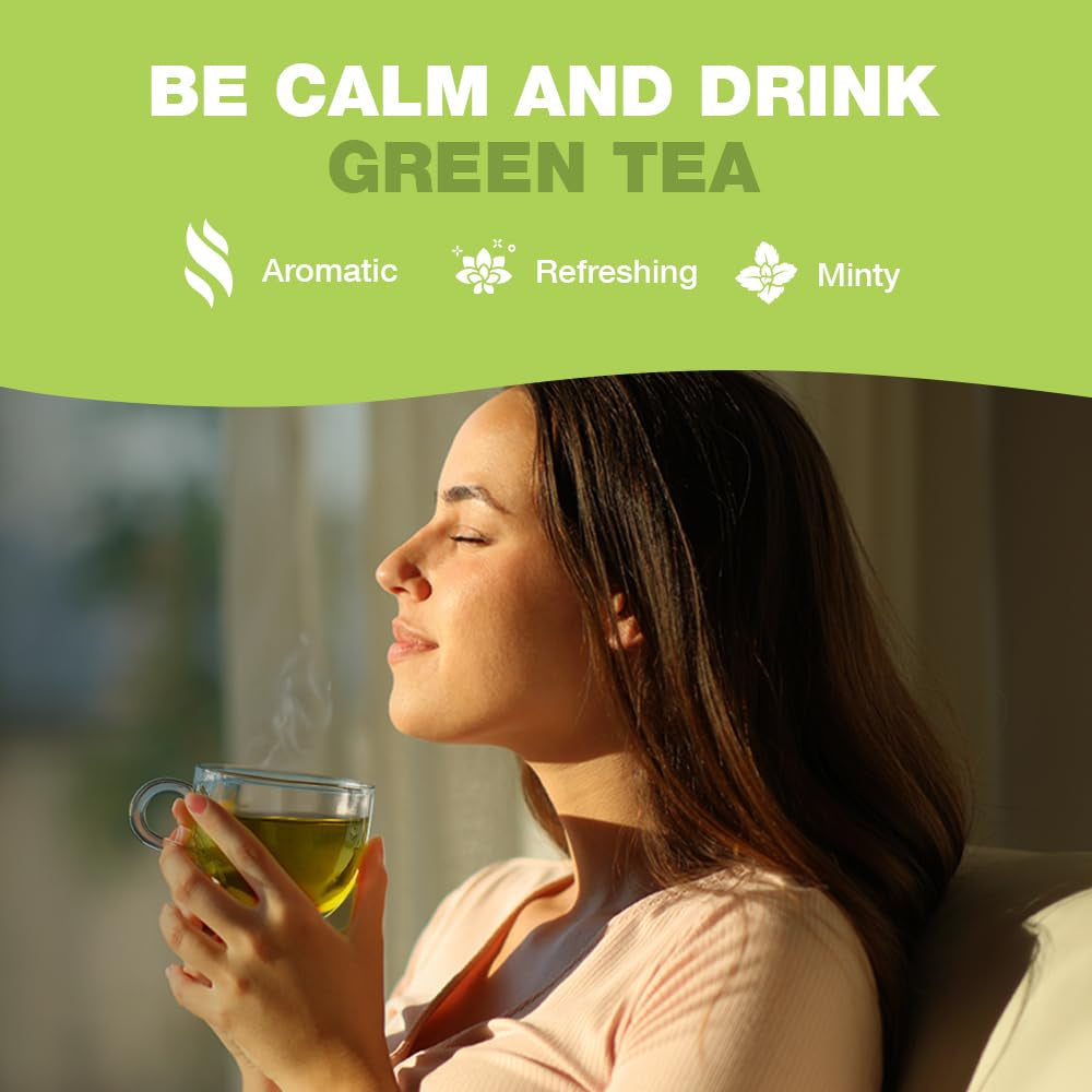 HANDPICK, pliculețe de ceai verde (100 pliculețe) Fără gluten și ceai verde pur | Pliculețe rotunde de ceai verde, fără adeziv, fără înălbitor, fără sfori | Ceai fierbinte/Kombucha sau infuzat la rece | Ceai verde