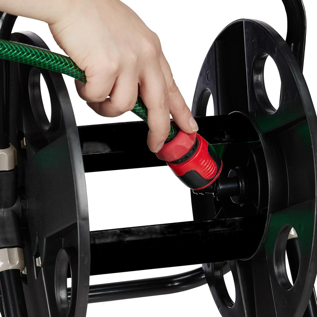 Rolă furtun Relaxdays, pentru furtun de 30 m 1/2", oțel, plastic, suport furtun, HL: 38 x 42 x 31 cm, negru-gri