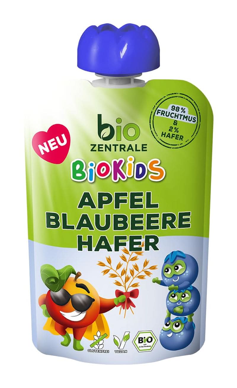 Biozentrale Biokids Fruit puree apples blueberries oats | 12X90G | Vegan Fruit Oat Snack | No added granulated sugar Mother and Child Naty Shop