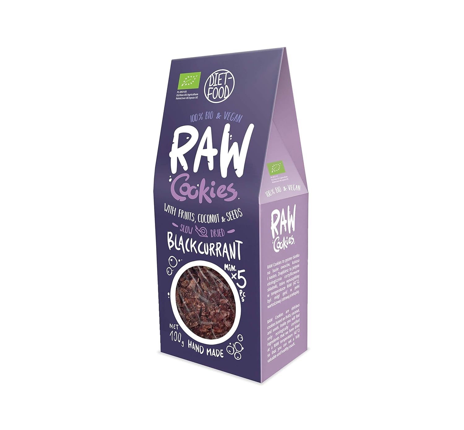 DIET-FOOD RAW Fursecuri cu coacăze negre organice Gustare sănătoasă Fursecuri delicioase pentru birou, fără conservanți 100 g (1 pachet)
