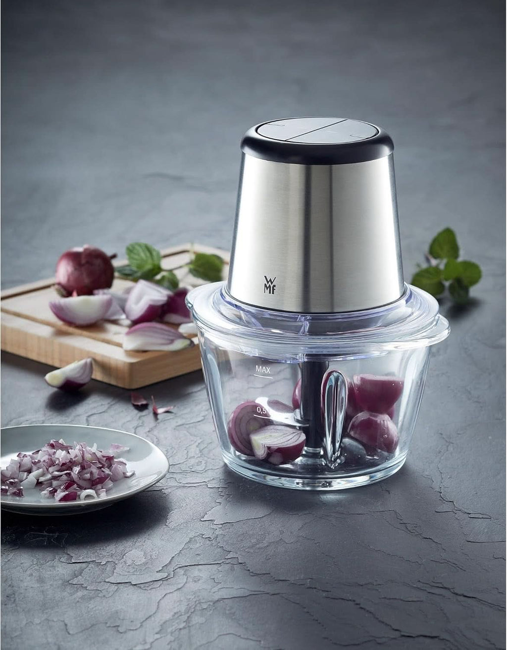 WMF Kult X Edition Zerkleinerer Elektrisch Mit Glasbehälter, Blitzhacker 320 W, 2 Geschwindigkeitsstufen, Großer Mixbehälter, Cromargan Matt Bucatarie Naty Shop