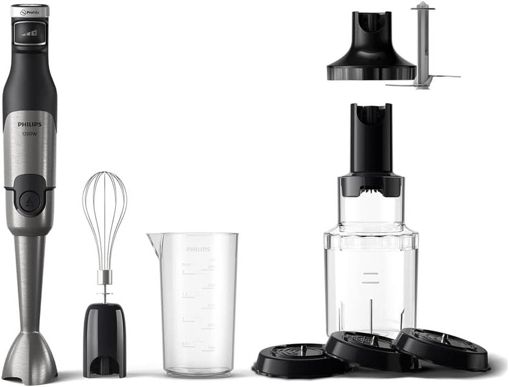 Philips 5000-Serie Stabmixer - 1200W Leistung. Promix-Technology. Led Geschwindigkeitsanzeiger. Stufenlose Geschwindigkeitseinstellung. Compact Design. Leicht Zu Reinigen. Schwarz (HR2681/00) Kitchen Naty Shop + Schneebesen, Spiralizer, Xl-Zerkleinerer