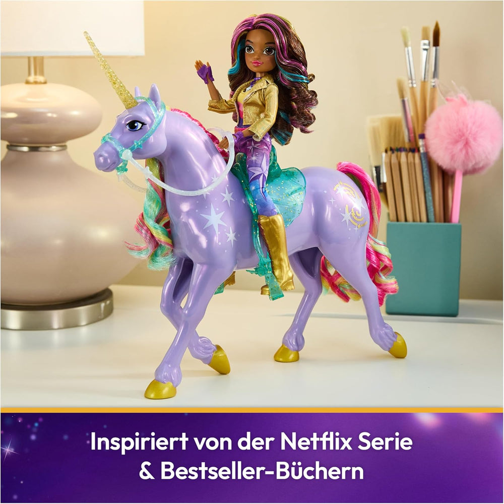 Unicornul Wildstar de la Unicorn Academy - 28 cm înălțime, unicorn original de Sophia din serialul Netflix, cu coamă și coadă reale, frâu și șa detașabile și perie, pentru copii cu vârsta de 4 ani și peste