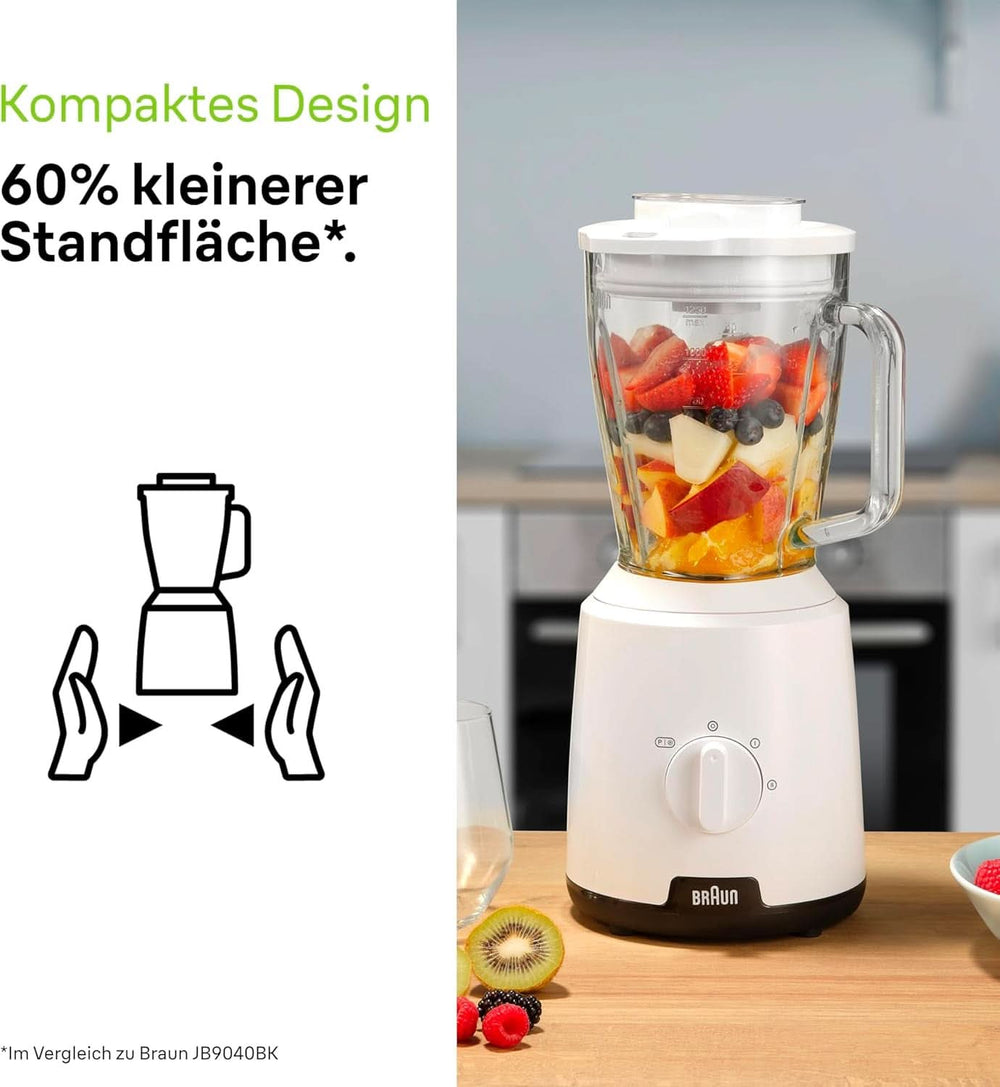 Braun Powerblend 1 JB1050WH - Standmixer Mit 1.5 L Glas-Mixaufsatz, Küchenhelfer Zum Zerkleinern, Pürieren & Mixen, Ice-Crush-Funktion, 2 Geschwindigkeiten, 600 Watt, Weiß Kitchen Naty Shop