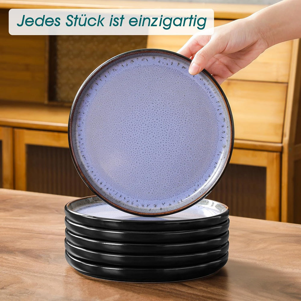 Steingut Geschirrset 6 Personen, vancasso AMBER Teller Set 6 Personen, Tafelservice 24tlg mit Speiseteller, Dessertteller, Suppenteller, Schüssel, Reaktive Glasur, Abendviolett, Spülmaschinenfest