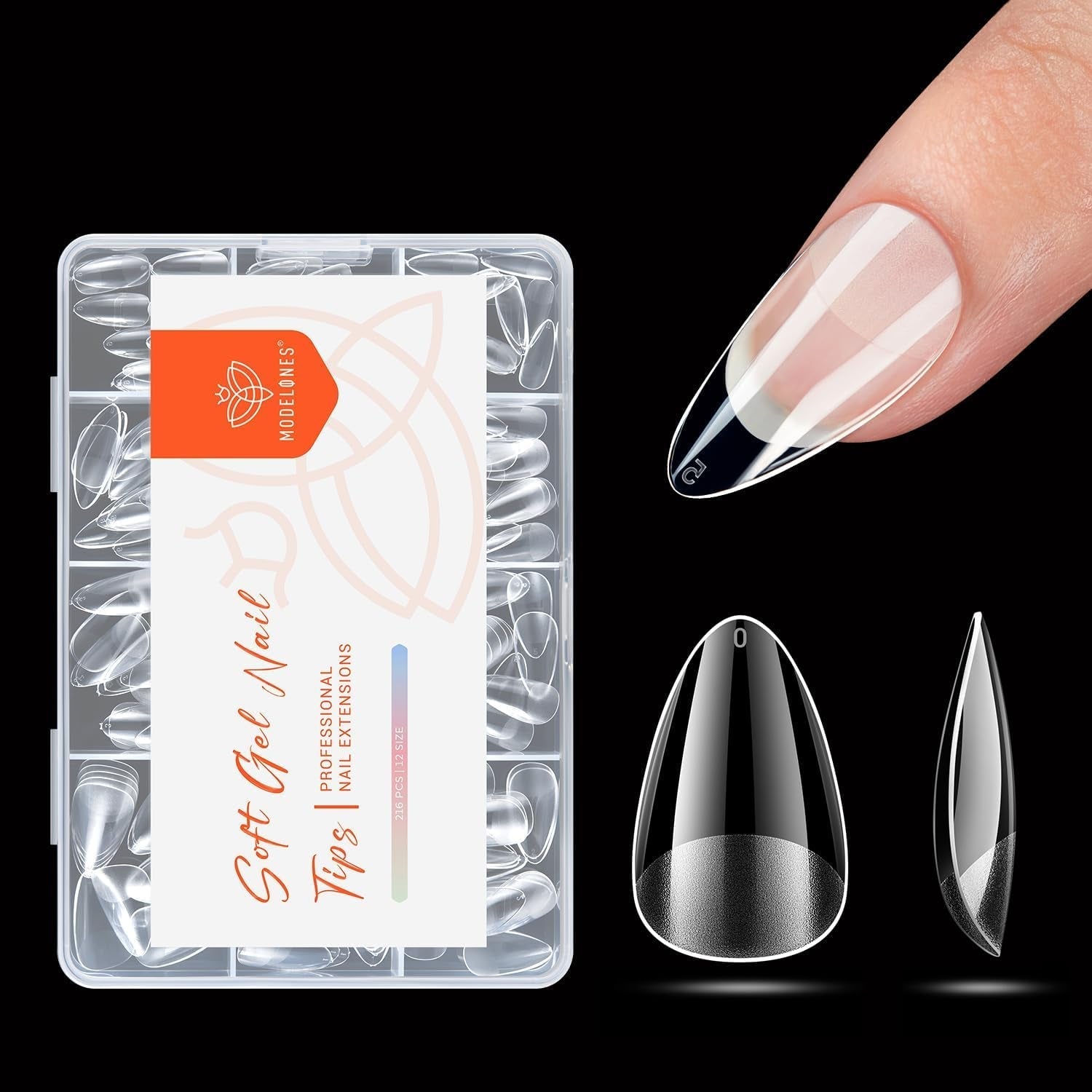 Modelones Tips Unghii 216 Piese - Set Tips Unghii Acoperire Completă, Set Tips Gel Moale, Tips Unghii Rășină PMMA Pre-Lustruire, Unghii Artificiale pentru Lipire pe Nail Art DIY, Migdale Scurte XS
