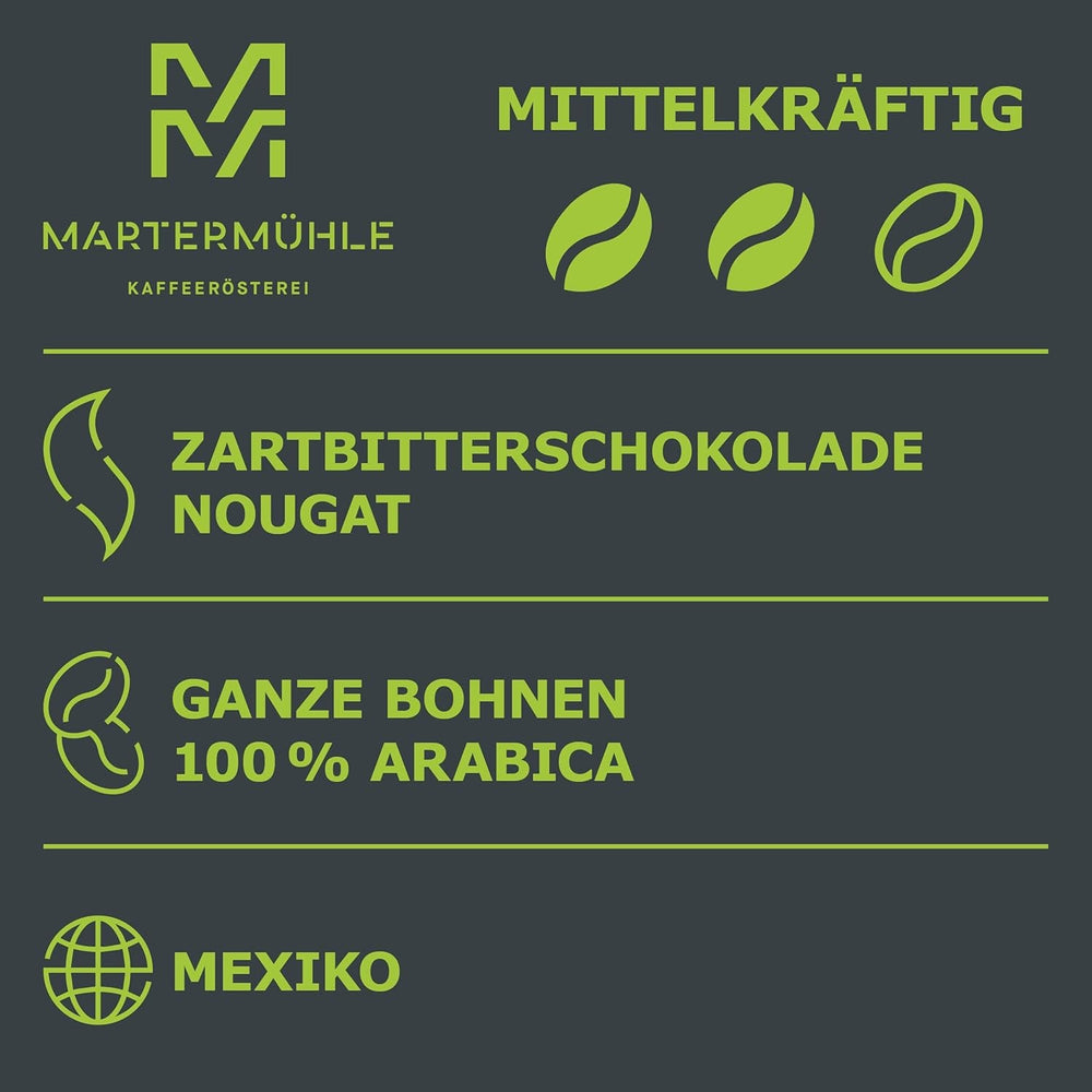 Martermühle Mexiko Bio Espressobohnen entkoffeiniert 1kg mittelkräftig I Arabica I Aromen: Nougat, Zartbitterschokolade I Ganze Bio Espresso-Bohnen schonend geröstet, säurearm