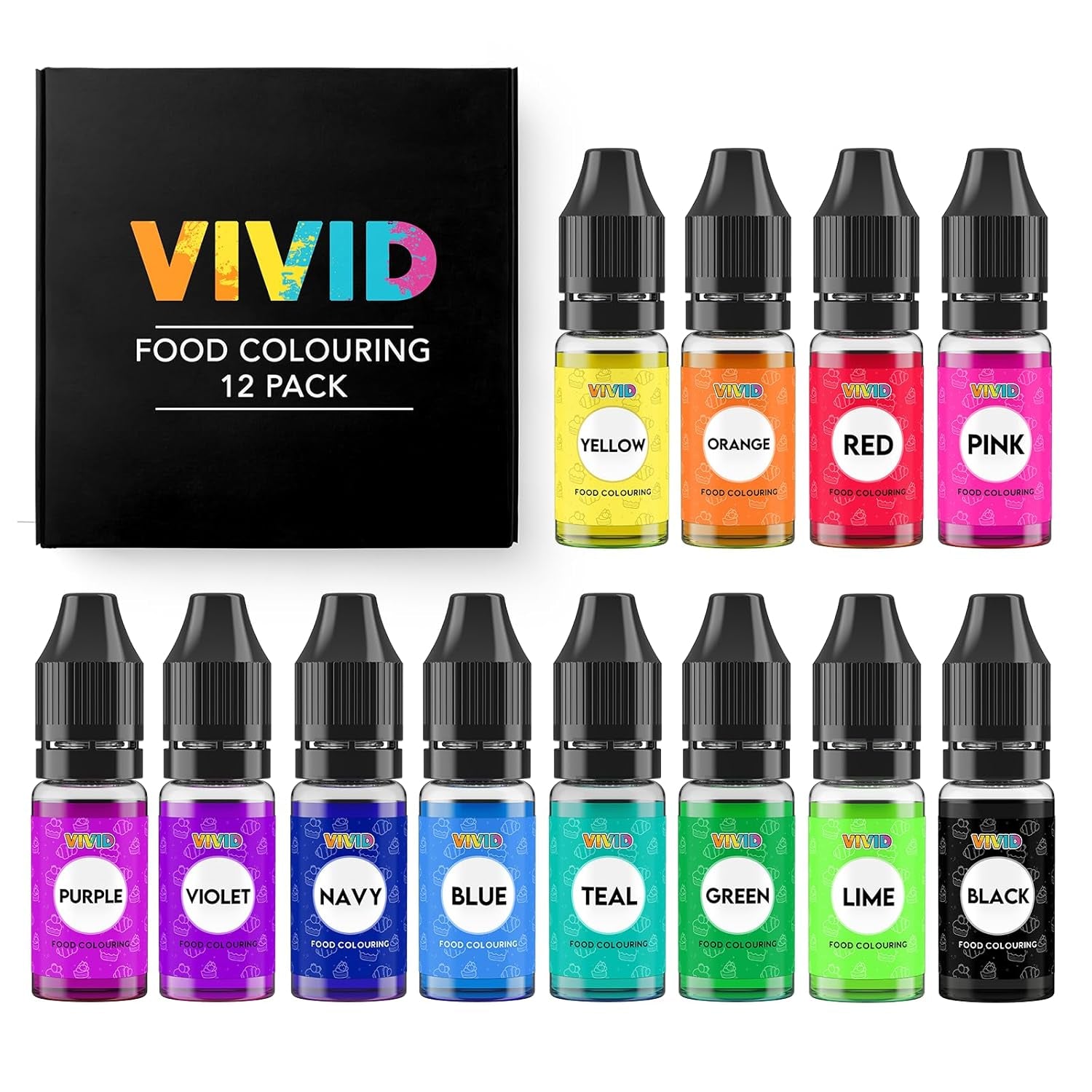 Colorant alimentar VIVID 12 x 10ml - Coloranți alimentari lichizi concentrați comestibili pentru copt torturi, prăjituri, fondant - Culori vibrante pentru decorare și gătit, aerografare, săpunuri DIY