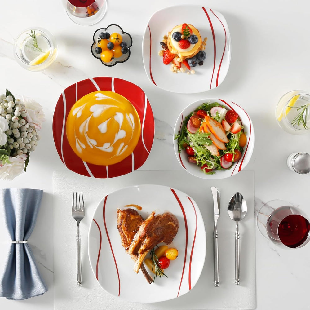 Set de veselă MALACASA pentru 6 persoane, serviciu de masă din porțelan Felisa cu 24 de piese, set de veselă modern cu 6 farfurii de cină, farfurii de desert, farfurii de sumă și boluri, perfect pentru Crăciun și pentru uz zilnic