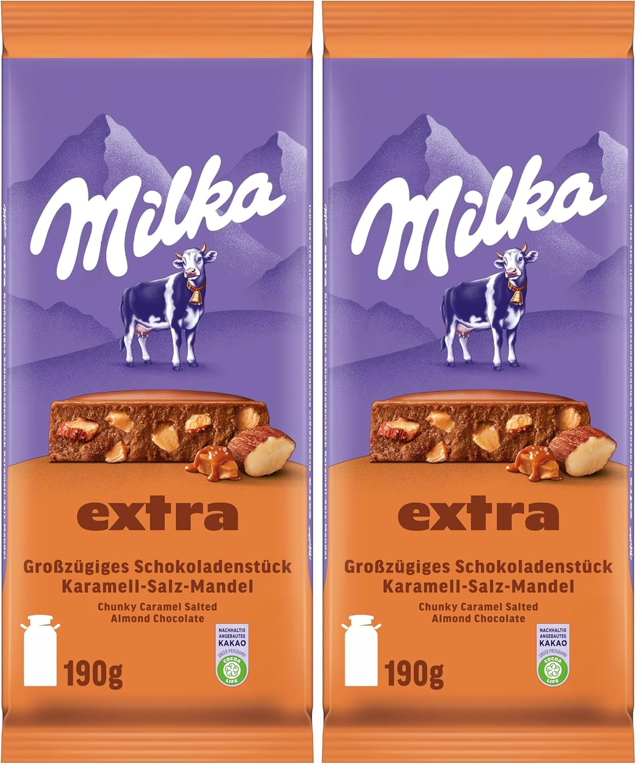 Milka Extra Caramel Salt Almond - Alpine milk chocolate with pieces of caramel, almonds and a pinch of salt - 190g