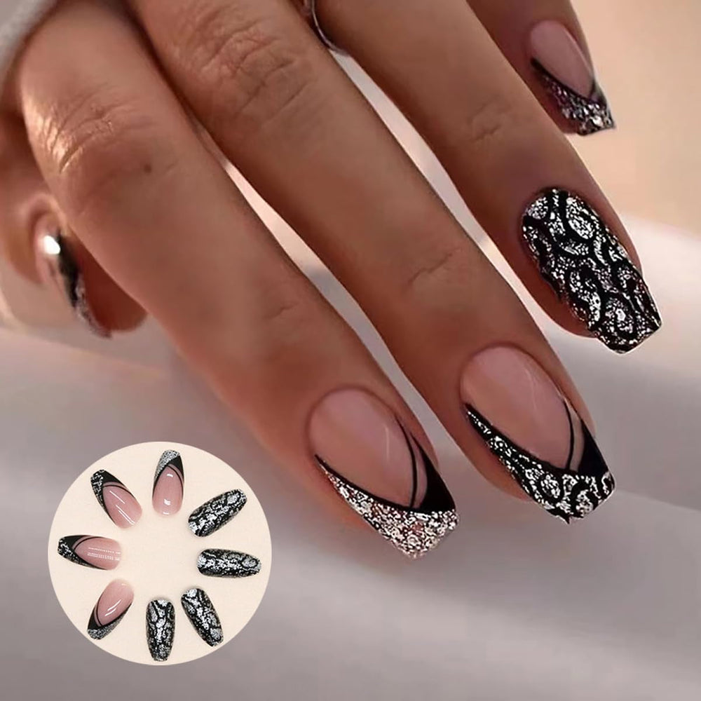Unghii artificiale, sclipici natural, scurte, prin presare, acrilice, autoadezive, unghii strălucitoare pentru femei și fete, accesorii pentru nail art, 48 bucăți
