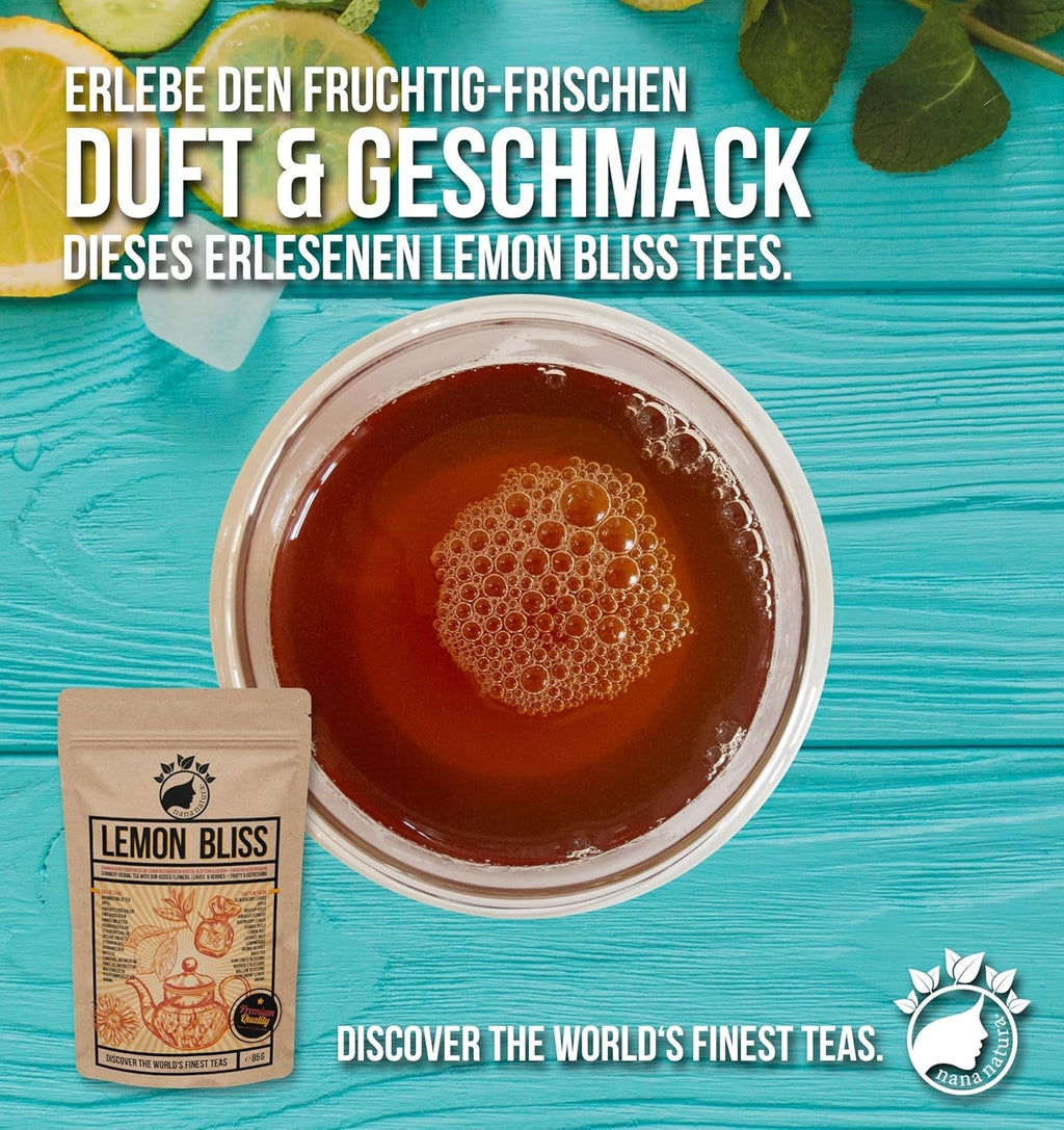 Nananatura'S Original LEMON BLISS TEA 85G | Ceai de plante de vară fructat și răcoritor | Ca ceai rece, ceai rece sau clasic fierbinte | Cu flori, frunze și fructe de pădure coapte la soare | Fără zahăr