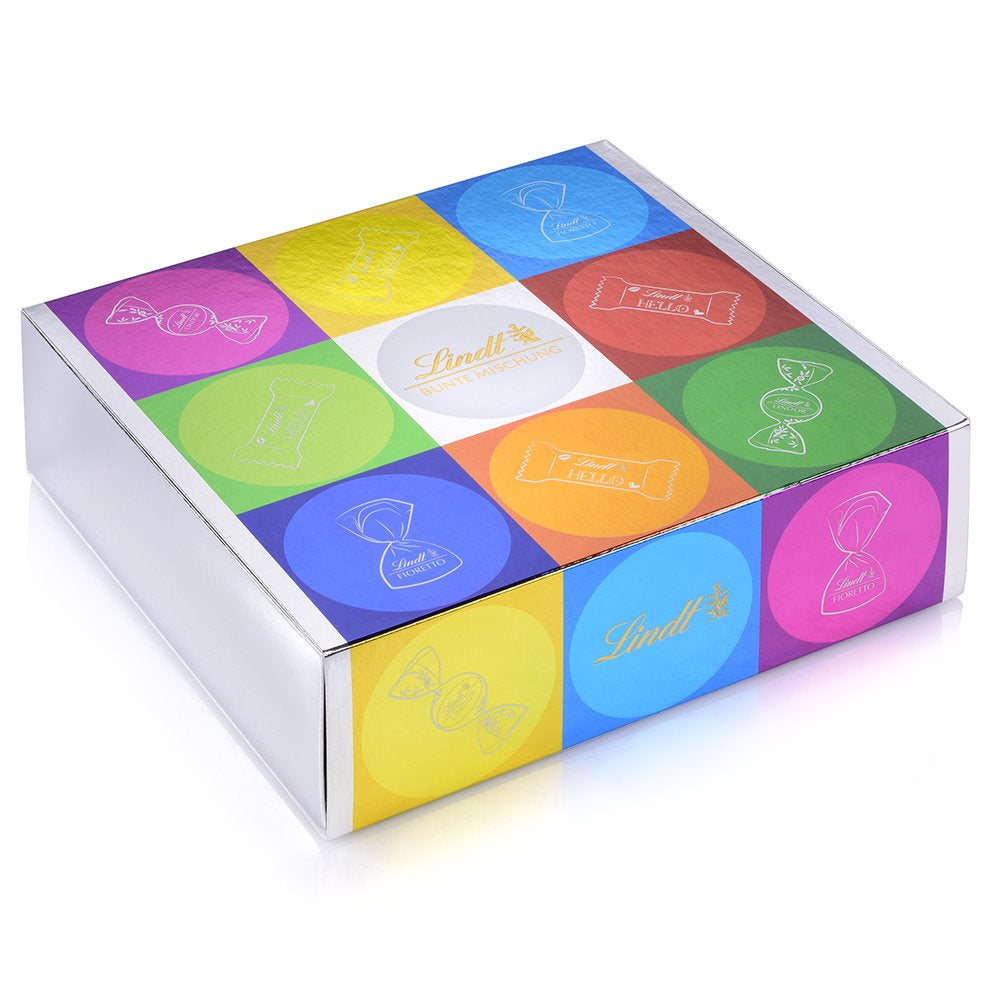 Chocolate assortment (37 LINDOR balls, 24 Hello Mini sticks, 10 Mini Fioretto), chocolate gift (1 x 815 g) and HELLO Mini Emoti, milk chocolate in 5 emoticon designs, 164 g