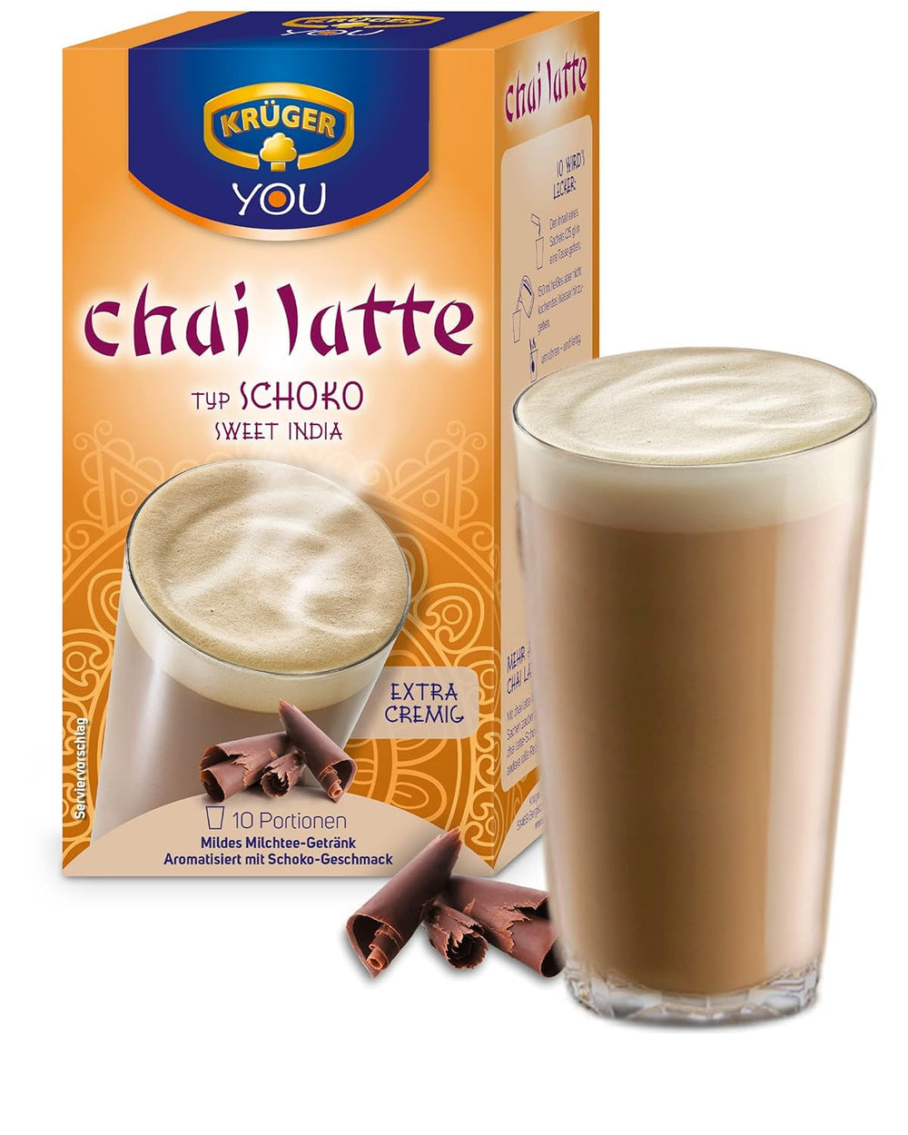 KRÜGER YOU Chai Latte Ciocolată, preparat instant pentru băuturi cu lapte, aromatizat cu ciocolată, 250 g (10 pliculețe de 25 g)
