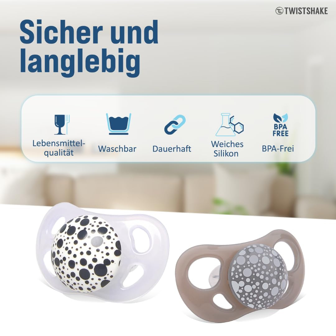 Suzete Twistshake pentru bebeluși – Pachet de 2 | Formă ortodontică | Ultra-ușoare | Tetină din silicon moale | Fără BPA | Potrivite pentru bebeluși de la 6 luni | Gri-alb
