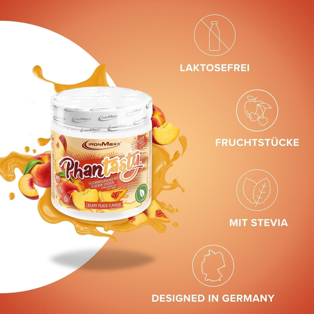 Ironmaxx Phantasty - Creamy Peach 250G Dose | Vegan Geschmackspulver Mit Echten Frucht- Oder Nussstückchen | Perfekter Zuckerersatz Sweeteners Naty Shop