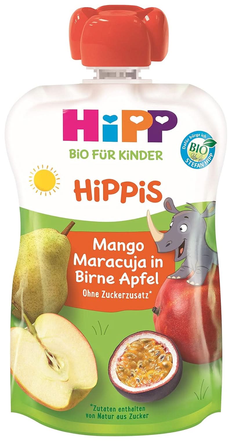 Hipp Super-Hippis squeeze bags, pomegranate acerola in apple-raspberry, 100% organic fruit without added sugar, 6 bags of 100 g Mother and Child Naty Shop 6 x 100 grams Mango, passion fruit, pear, apple