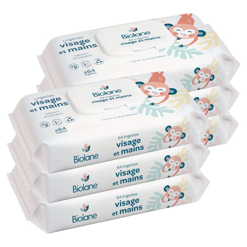 BIOLANE - Baby wipes for face and hands - Hypoallergenic - For sensitive skin Baby Wet Wipes Naty Shop 384 pieces (6 packs)