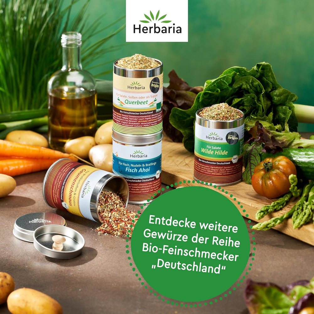 Herbaria Wilde Hilde bio 100g M-Dose-fertige Bio-Gewürzmischung - Saladgewürz für ausgefeilte Salade - mit erlesenen Ingredient - in nachhaltiger Aromaschutz-Dose