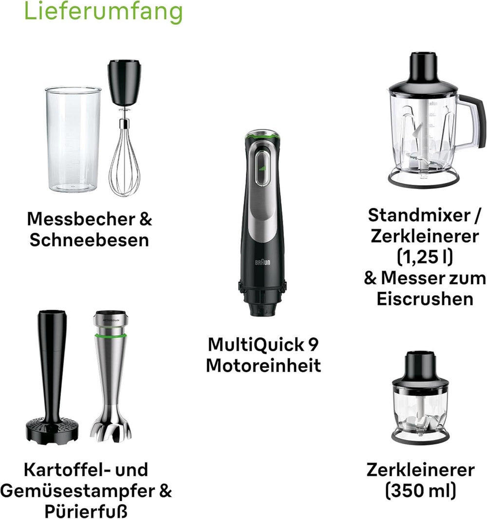 Braun Multiquick 9 MQ 9147X – 5-In-1 Stabmixer Mit Standmixer-Aufsatz, Zerkleinerer, Kartoffel- & Gemüsestampfer & Schneebesen, Stufenlose Geschwindigkeitsenstellung, 1200 W, Schwarz/Edelstahl Kitchen Naty Shop