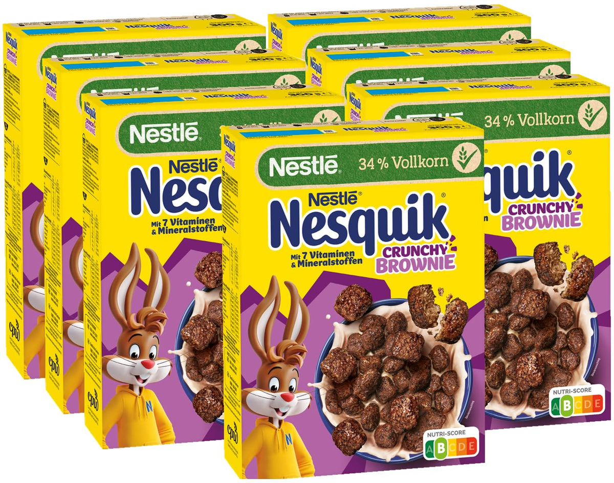 Nestlé NESQUIK Crunchy Brownie, Crunchy Breakfast Cereal with Chocolate Chips and an Innovative Shape for Extra Crunchy, Pack of 7 (7 x 300g)