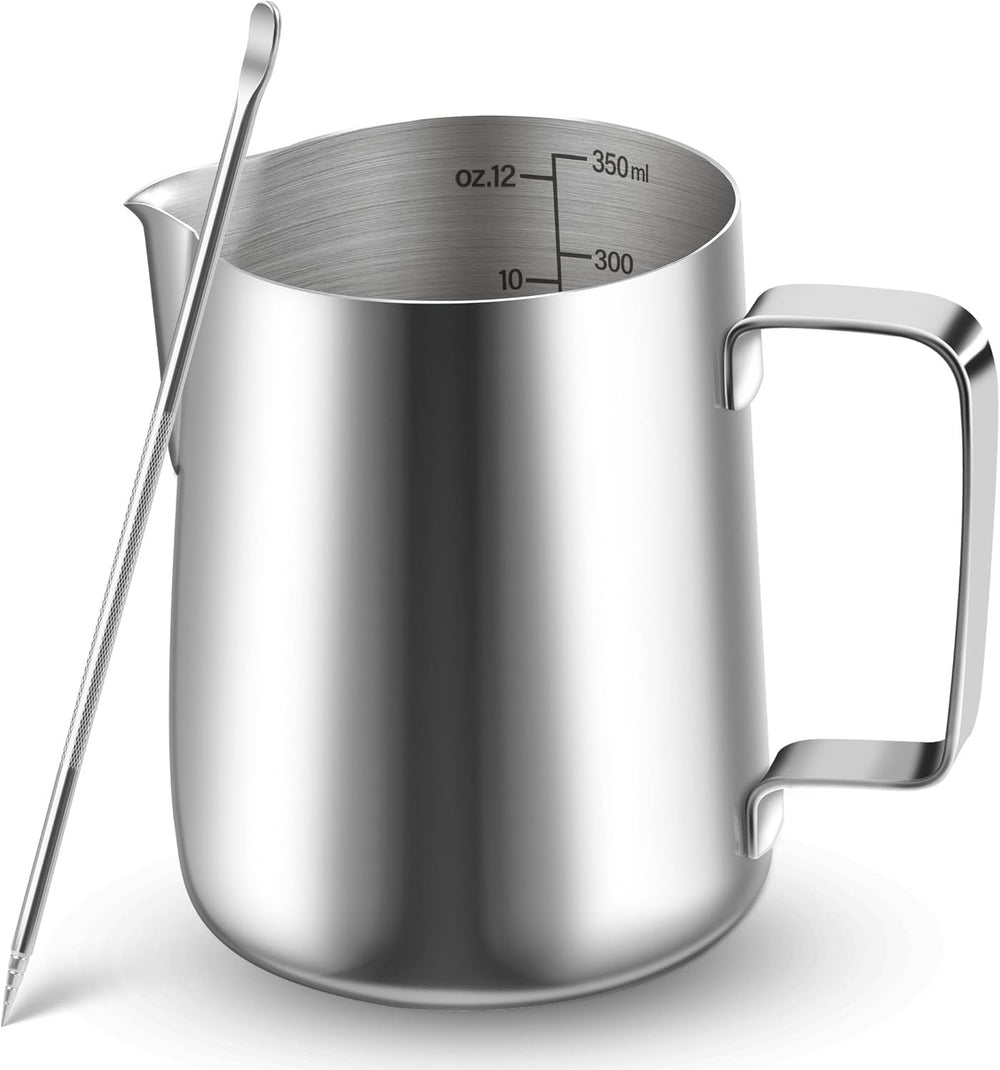 Cană de lapte, cană de lapte din oțel inoxidabil de 350 ml cu marcaj de măsurare, accesoriu barista, cană de lapte pentru cappuccino, espresso, latte art, iubitori de cafea, argintiu, 355 ml