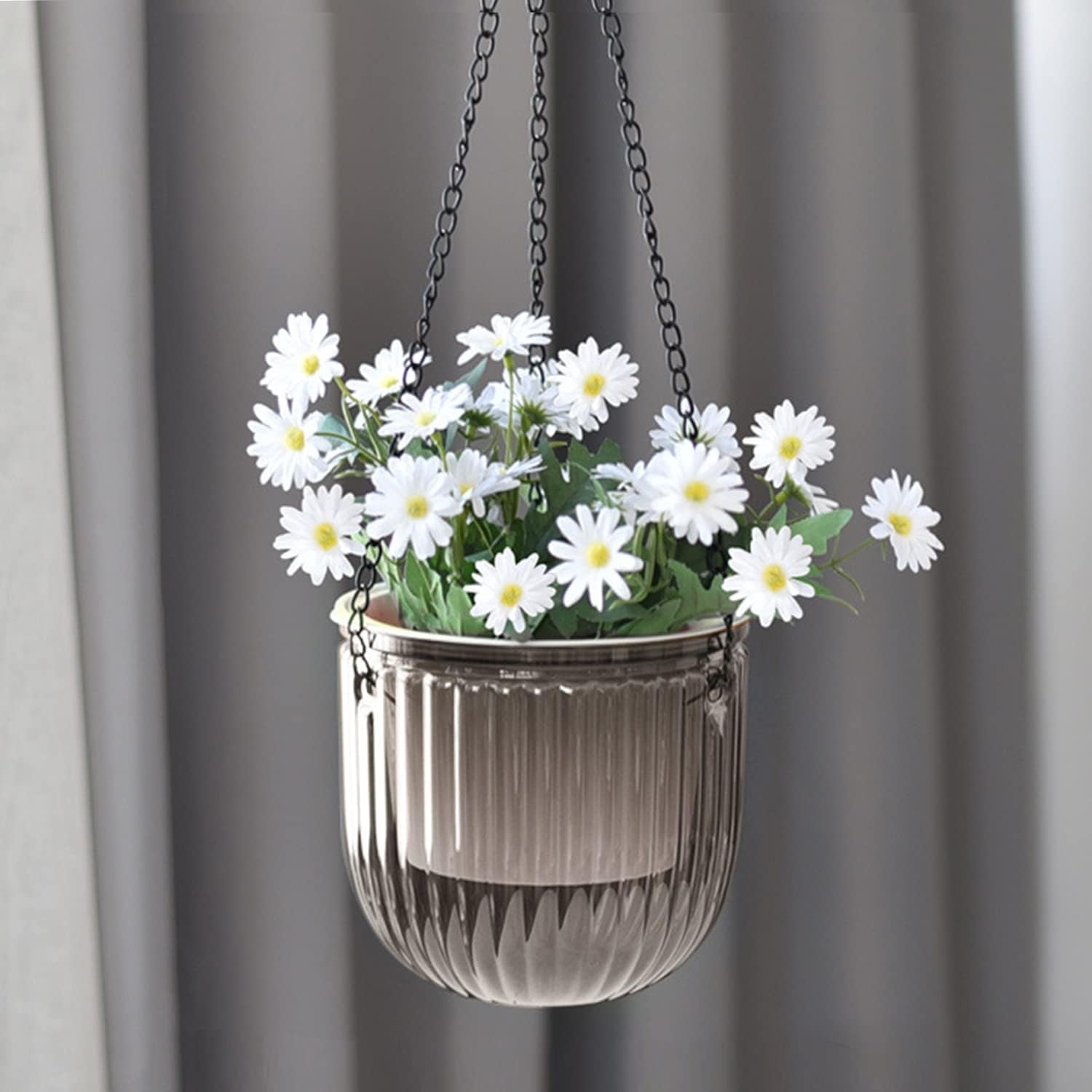 Set of 2 Self-Watering Hanging Planters, 16.5cm Indoor Hanging Flower Pot with 3 Hooks and Drainage Holes for Indoor and Outdoor Use, Ceiling, Balcony and Wall Decoration (Grey)