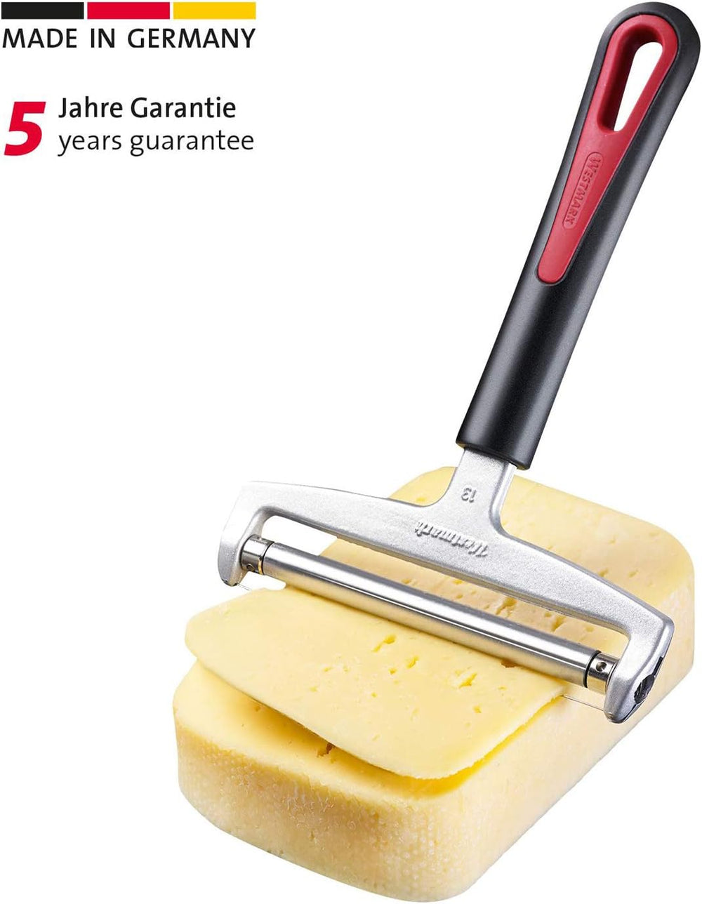 Westmark Käseschneider mit Rolle und auswechselbarem Schneiddraht, Variable Schnittstärke, Breite: 12 cm, Rostfreier Edelstahl/Aluminium/Kunststoff , Schwarz/Rot, 29272260, 17 x 12 x 2 cm