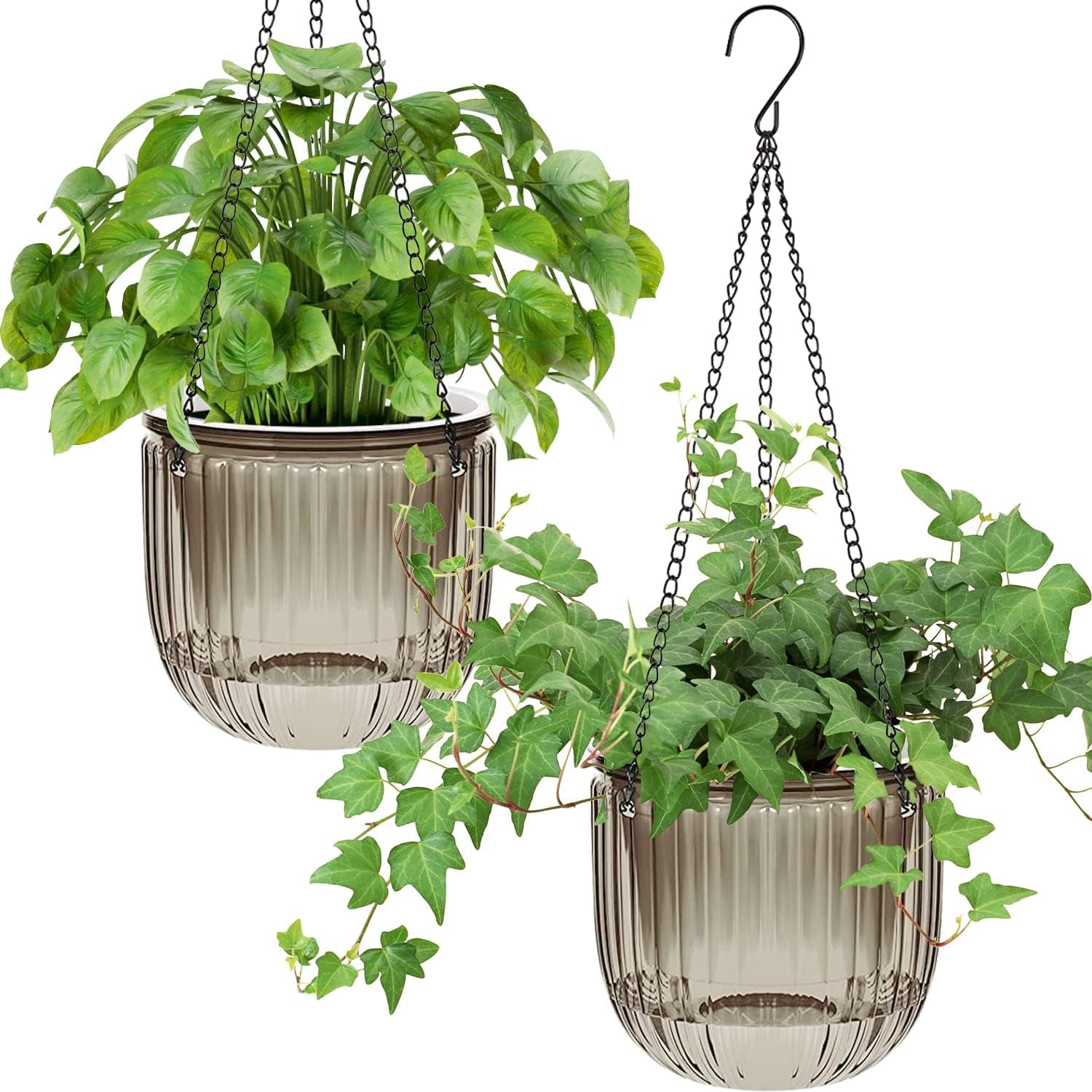 Set of 2 Self-Watering Hanging Planters, 16.5cm Indoor Hanging Flower Pot with 3 Hooks and Drainage Holes for Indoor and Outdoor Use, Ceiling, Balcony and Wall Decoration (Grey)