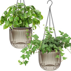 Set of 2 Self-Watering Hanging Planters, 16.5cm Indoor Hanging Flower Pot with 3 Hooks and Drainage Holes for Indoor and Outdoor Use, Ceiling, Balcony and Wall Decoration (Grey)