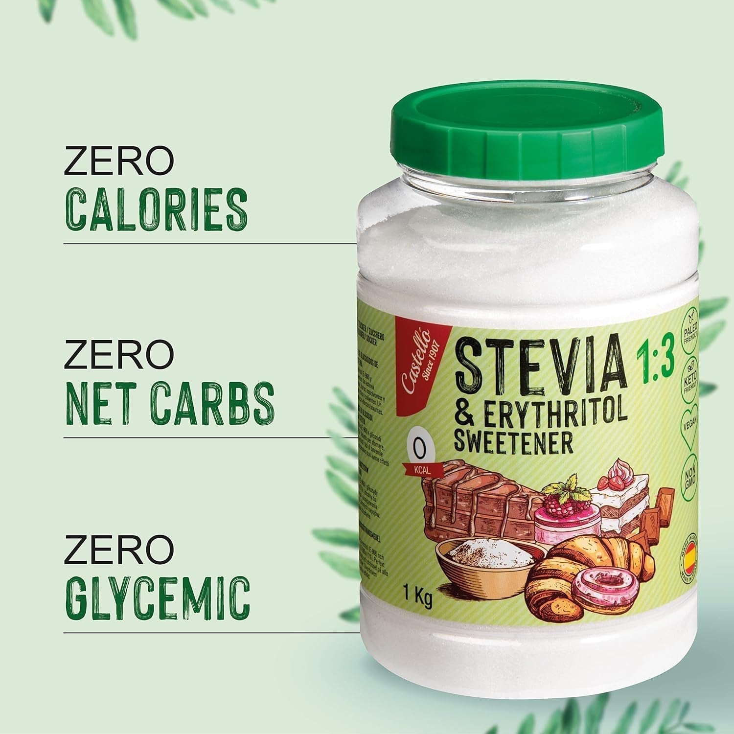 Stevia + Erythritol 1:3 Süßstoff | 1G = 3G Zucker | 100% Natürlicher Zuckerersatz - 0 Kalorien - 0 Glykämischer Index - Keto Und Paleo - 0 Netto-Kohlenhydrate - Kein GVO - Castello since 1907-1 Kg Sweeteners Naty Shop