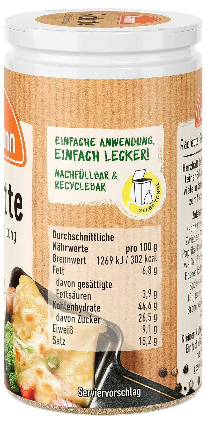 Ostmann Gewürze - Raclette Gewürzzubereitung | Zum Würzen von Käsegerichten | Recyclebare, nachfüllbare Streudose | 45 g in Streuer